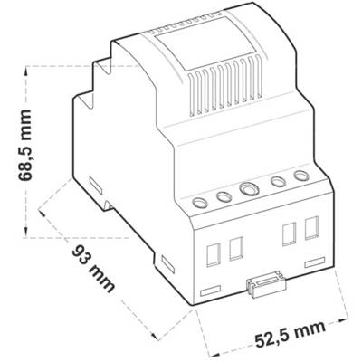 Diagramm eines rechteckigen elektrischen Geräts mit den Maßen: Höhe 68,5 mm, Breite 52,5 mm, Tiefe 93 mm.