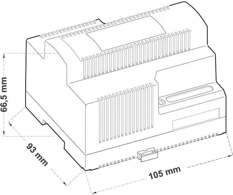 Technische Zeichnung eines rechteckigen Geräts mit Maßen: 105 mm Länge, 93 mm Breite, 66,5 mm Höhe, seitlicher Steckplatz.