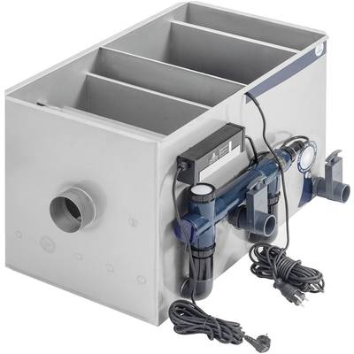 Graues, rechteckiges Filtersystem mit mehreren Kammern und elektrischen Anschlüssen, verwendet für die Wasseraufbereitung.