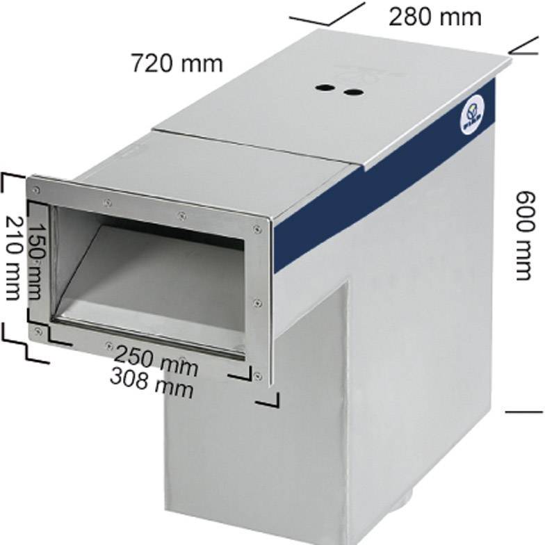 Metallischer Kasten mit rechteckiger Öffnung und Maßen: 720 mm L, 280 mm B, 600 mm H. Weitere Maße: 308 mm, 150 mm Höhe.