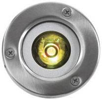 Rundes, metallisches Objekt mit einer zentralen, leuchtenden Linse, umgeben von vier Schrauben. Möglicherweise Teil einer Lichtinstallation.