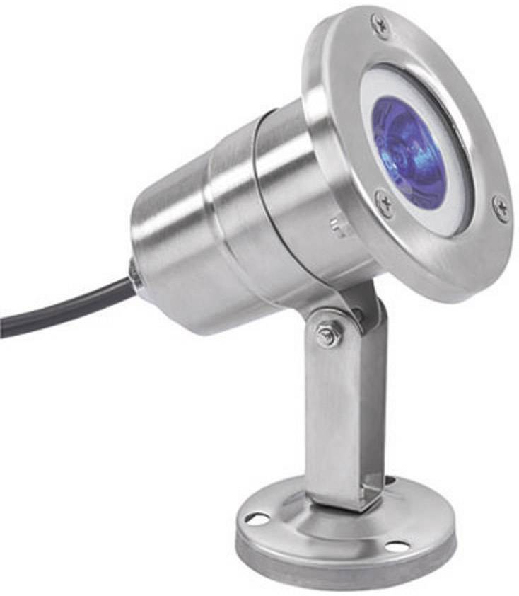 Silberfarbener LED-Strahler mit verstellbarem Sockel, geeignet für Außenbereich. Energiesparend und wetterfest.