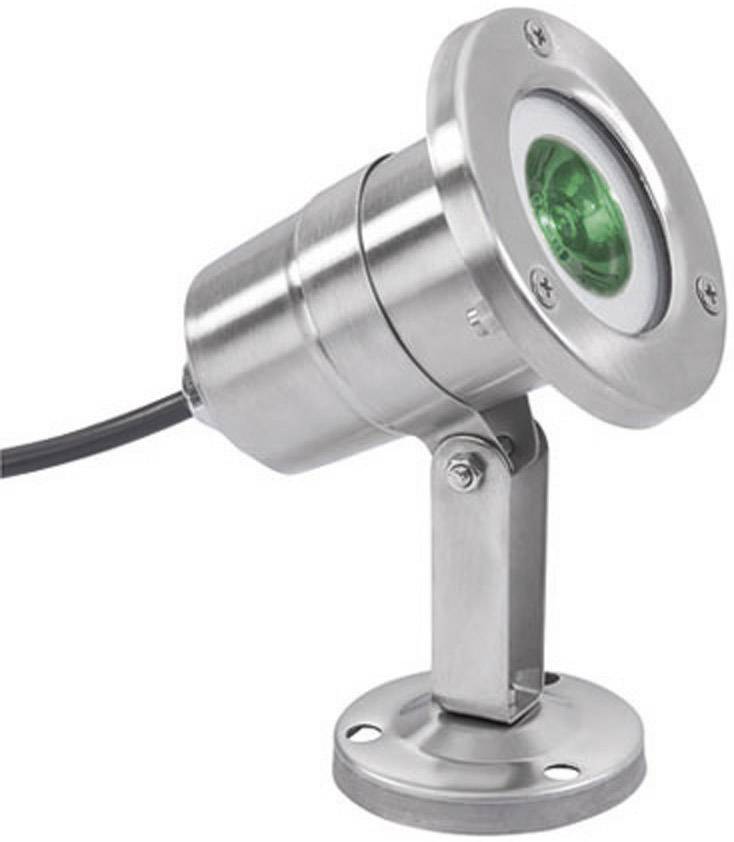 LED-Außenstrahler aus Edelstahl mit grünem Leuchtmittel, aufrechtstehend auf einer Halterung, geeignet für Gartenbeleuchtung.