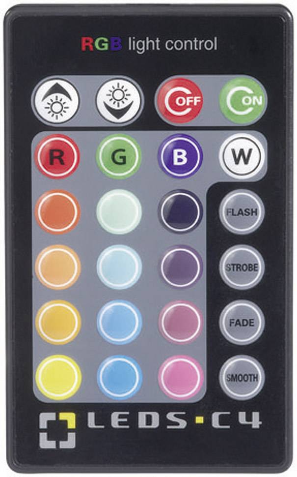 Fernbedienung für RGB-Lichtsteuerung mit Tasten für verschiedene Farben, Ein/Aus-Schalter und Modi wie 'Flash', 'Strobe', 'Fade', 'Smooth'.