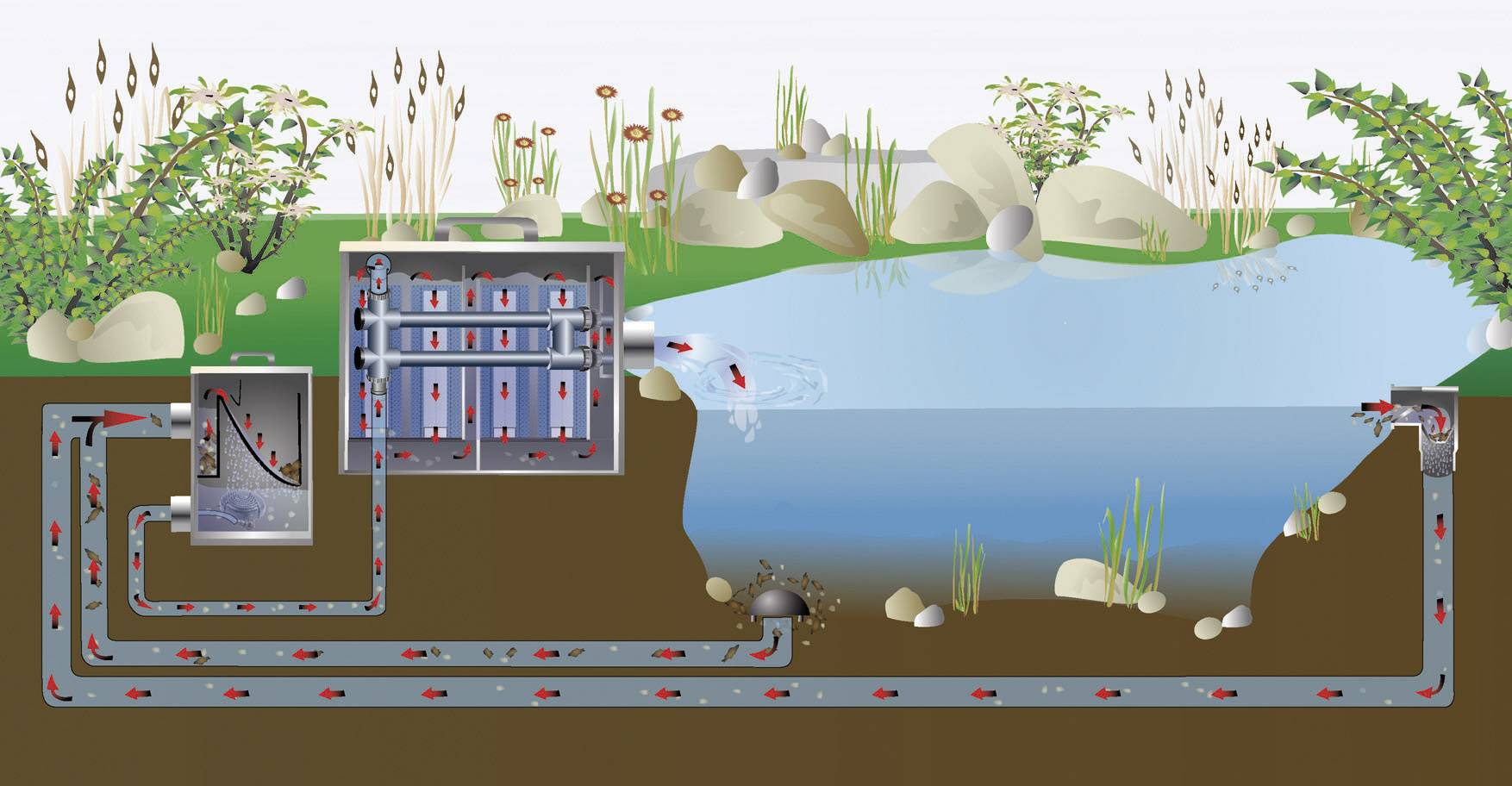 Schnittdarstellung eines Teichfiltersystems zeigt den Wasserfluss durch verschiedene Filterkammern und Rückführung in den Teich.