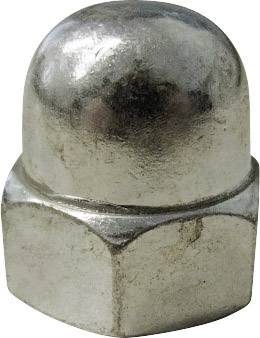 Sechskant-Hutmutter aus Metall, glänzend und rund, dient zur sicheren Abdeckung von Schraubenenden, häufig im Maschinenbau verwendet.