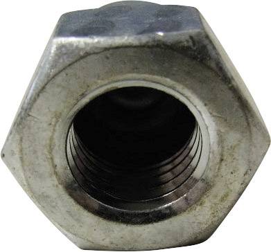 Nahaufnahme einer sechseckigen Metallmutter mit Innengewinde.