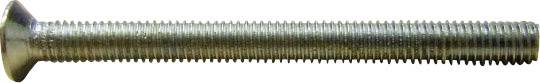 Eine metallische Schraube mit flachem Kopf und durchgängigem Gewinde.