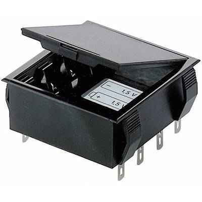 Ein schwarzer Batteriehalter mit offenem Deckel, der zwei AA-Batterien aufnimmt. Die Plus- und Minuspole sind markiert.