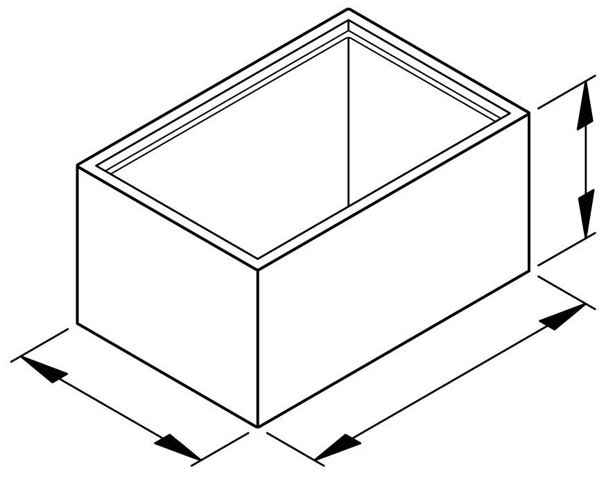Isometrische Zeichnung eines rechteckigen Kastens. Pfeile zeigen die Höhen-, Breiten- und Längenmaße an.