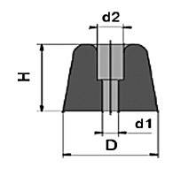 Technische Zeichnung eines zylindrischen Objekts mit Maßen: 'H' Höhe, 'D' Durchmesser Basis, 'd1' und 'd2' Durchmesser oben.