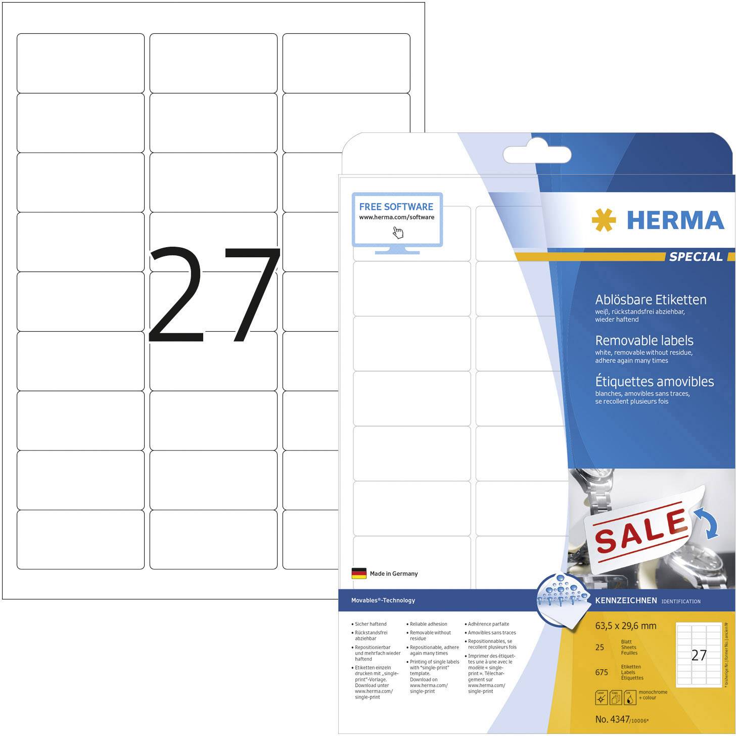 Herma 4347 etikety 63.5 x 29.6 mm papír bílá 675 ks přemístitelné univerzální etikety inkoust, laser, kopie 25 Blatt A4