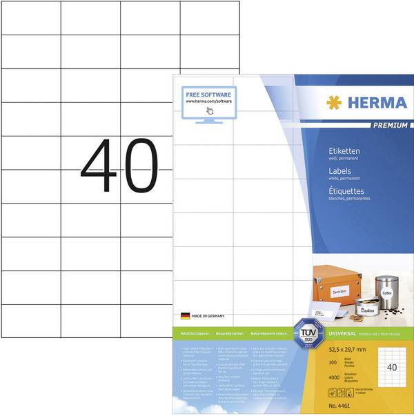 Herma 4461 Universal-Etiketten 52.5 x 29.7 mm Papier Weiß 4000 St. Permanent haftend Tintenstrahldrucker, Laserdrucker, Farblaserdrucker, Kopierer, Farbkopierer, Handbeschriftung