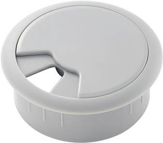 Runder, hellgrauer Kabeldurchlass aus Kunststoff mit schwenkbarer Abdeckung, für Schreibtisch und Möbel.