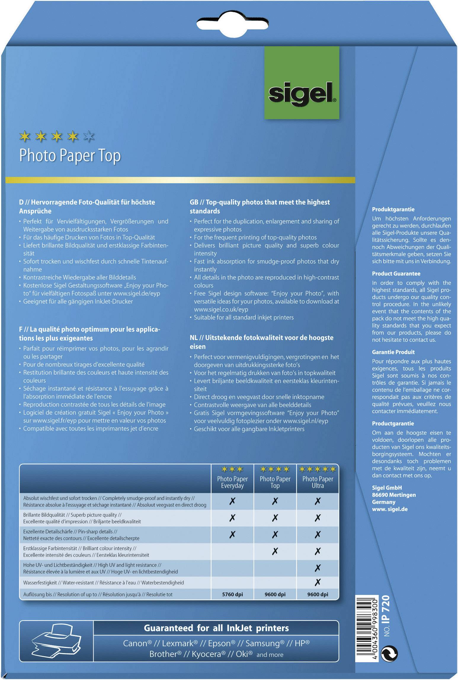 Verpackung für Sigel Foto-Papier Top, geeignet für verschiedene Inkjet-Drucker. Enthält eine Tabelle mit Produktdetails und Qualitätsmerkmalen.