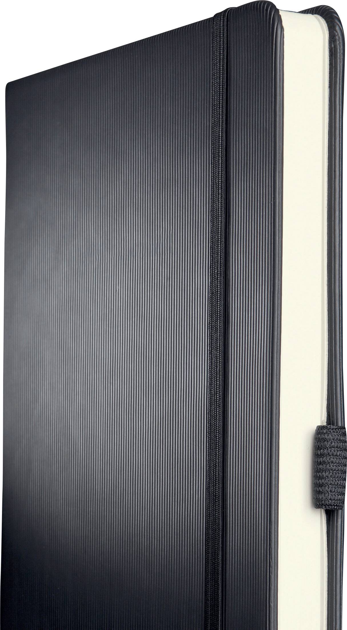 Ein schwarzes Notizbuch mit einem elastischen Verschlussband, das leicht geöffnet ist und die weißen Seiten zeigt.