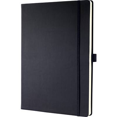 Ein schwarzes Notizbuch mit Hardcover und elastischem Verschlussband, vertikal aufgestellt. Eignet sich für Skizzen und Notizen.