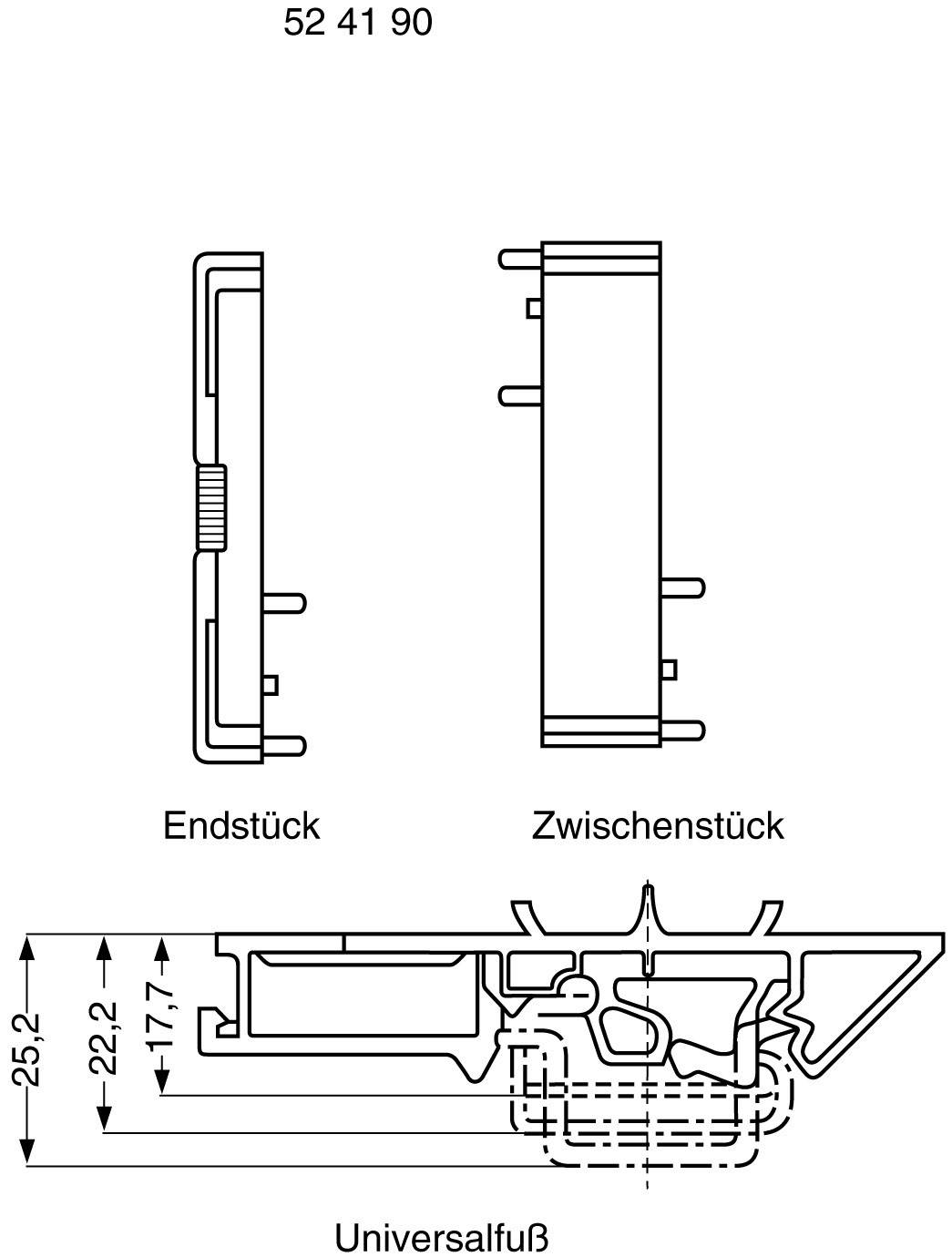'Endstück', 'Zwischenstück' und 'Universalfuß' eines technischen Bauteils im Querschnitt dargestellt, mit genauen Maßangaben.