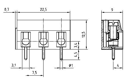 Technische Zeichnung eines dreipoligen Steckverbinders mit Bemaßungen: Breite 22,5 mm, Höhe 12,5 mm, Tiefe 9 mm, und Pin-Abstand 7,5 mm.