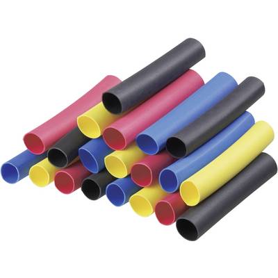 Verschiedene bunte Schrumpfschläuche, hauptsächlich in Rot, Gelb, Blau und Schwarz, auf einem Haufen angeordnet.