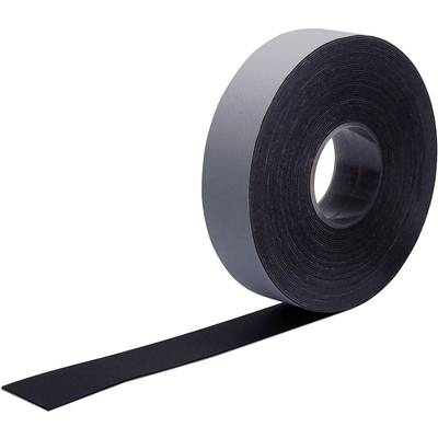 Schwarzes Klebeband, teilweise abgerollt. Verwendet zum Abdichten oder Befestigen, glänzende Oberfläche, mittlere Breite.