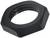 Ein sechseckiger schwarzer Metall-Mutternring, der für Schraubverbindungen verwendet wird.