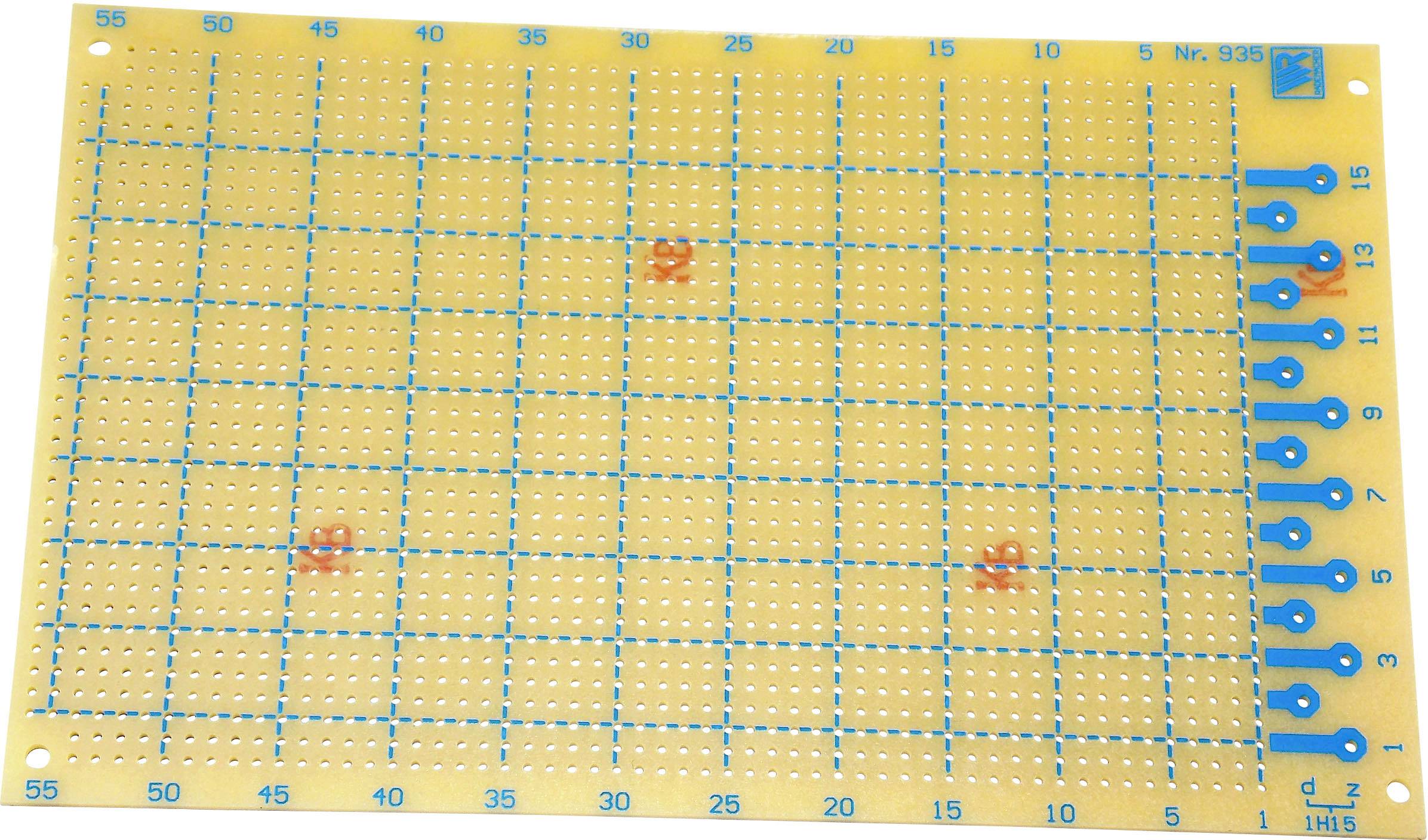 Eine unbestückte Lochrasterplatine mit einem Raster aus blauen Linien und Löchern, verwendet für elektrische Prototypenschaltungen.