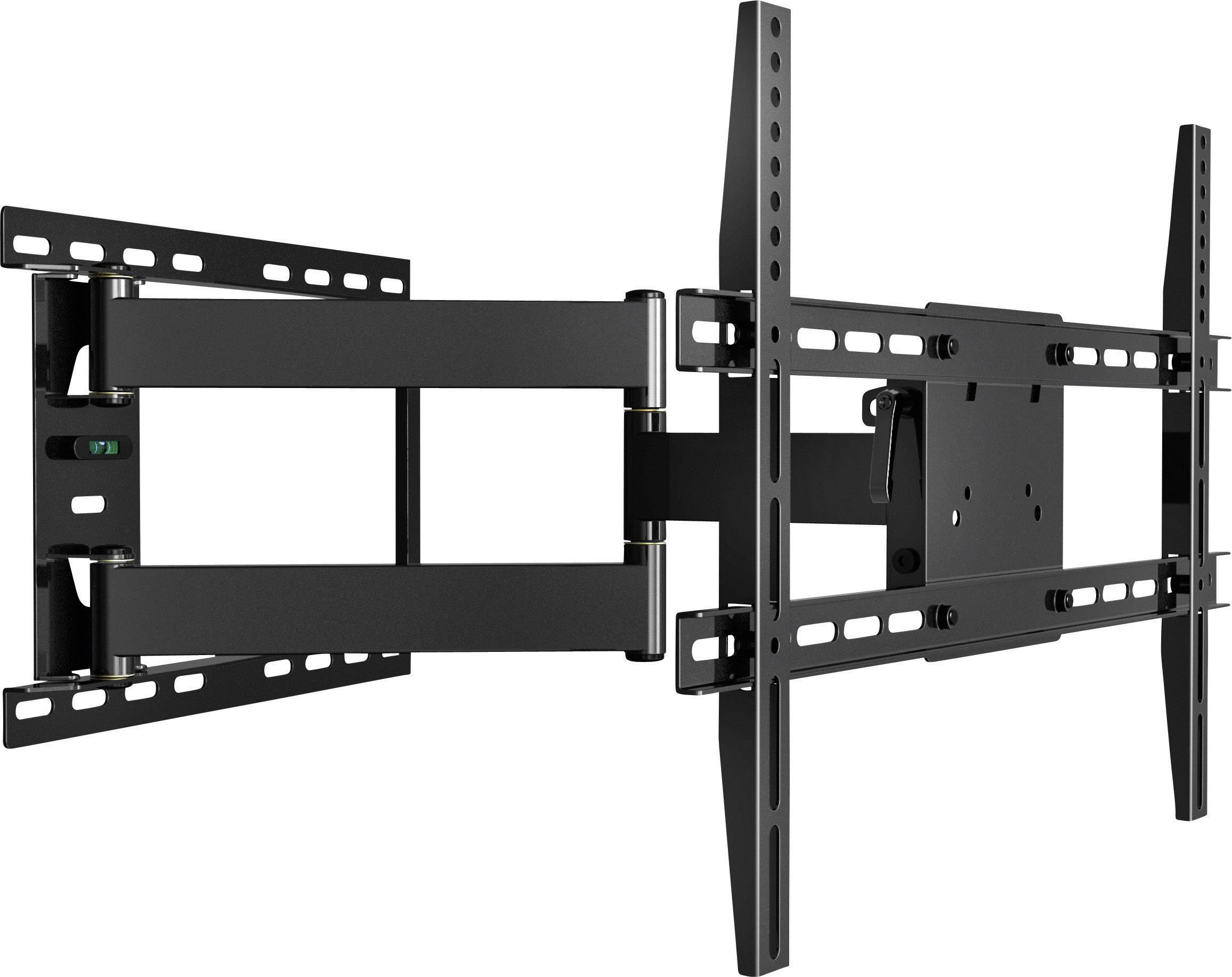 Schwenkbare TV-Wandhalterung aus schwarzem Metall, ausgeklappt. Geeignet für große Flachbildfernseher. Erlaubt flexibles Anpassen des Blickwinkels.