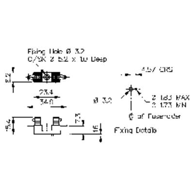 Technische Zeichnung eines Bauteils mit Maßen und Anmerkungen zu Bohrlöchern. Detaillierte Konstruktionsangaben sind dargestellt.