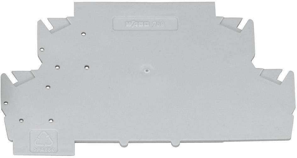 Eine graue Kunststoff-Abdeckplatte mit Schriftzug 'Wago 285', verwendet zur Abdeckung und Organisation in elektrischen Schaltschränken.