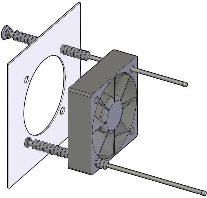 Explosionsdarstellung eines Ventilators mit Schrauben und Montageplatte, zeigt Anordnung der Teile vor der Montage.