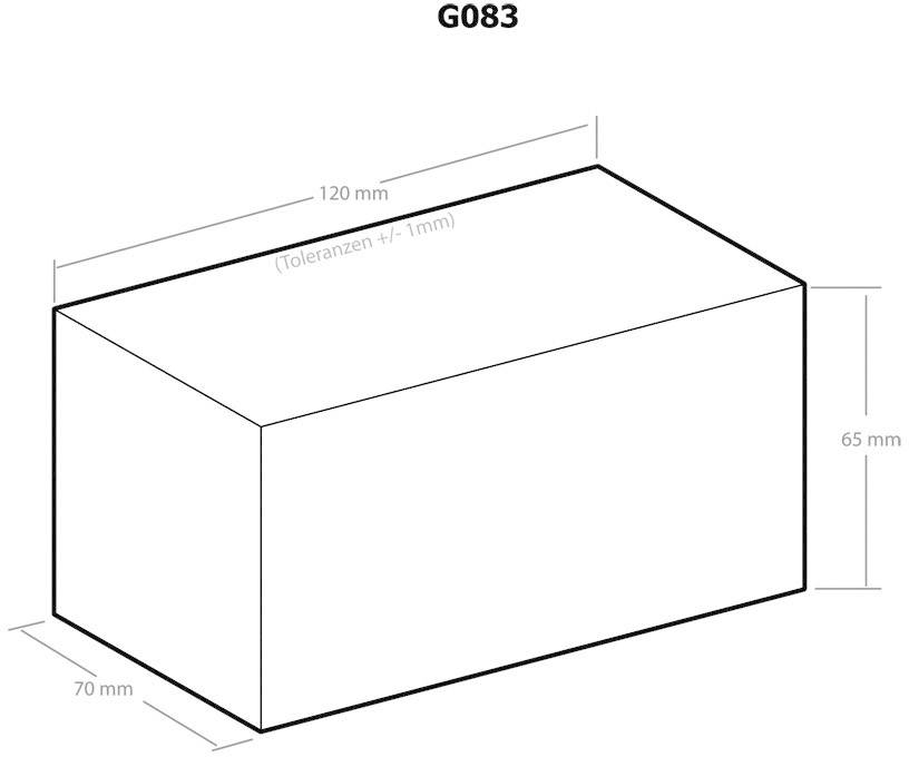 Abbildung eines rechteckigen Blocks, beschriftet mit 'G083'. Maße: Länge 120 mm, Breite 70 mm, Höhe 65 mm. Toleranz +/- 1 mm.