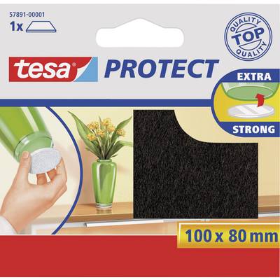 Verpackung von 'tesa PROTECT' Filz in Schwarz, 100 x 80 mm. Zeigt eine Hand, die Filz auf Möbel anbringt, mit Vase im Hintergrund.
