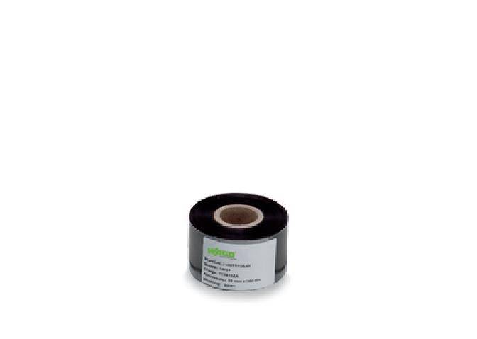 Eine kleine, schwarze Rolle mit Etikett in der Mitte, vor weißem Hintergrund. Das Etikett zeigt Textdetails zum Produkt.
