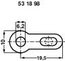 Technische Zeichnung einer flachen, länglichen Metallklemme mit Maßen: Länge 53mm, Breite 18mm, Höhe 10mm, Lochdurchmesser 6,2mm.