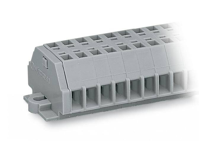 Graues elektrotechnisches Bauteil mit mehreren Steckplätzen, zur Befestigung auf einer DIN-Schiene geeignet.