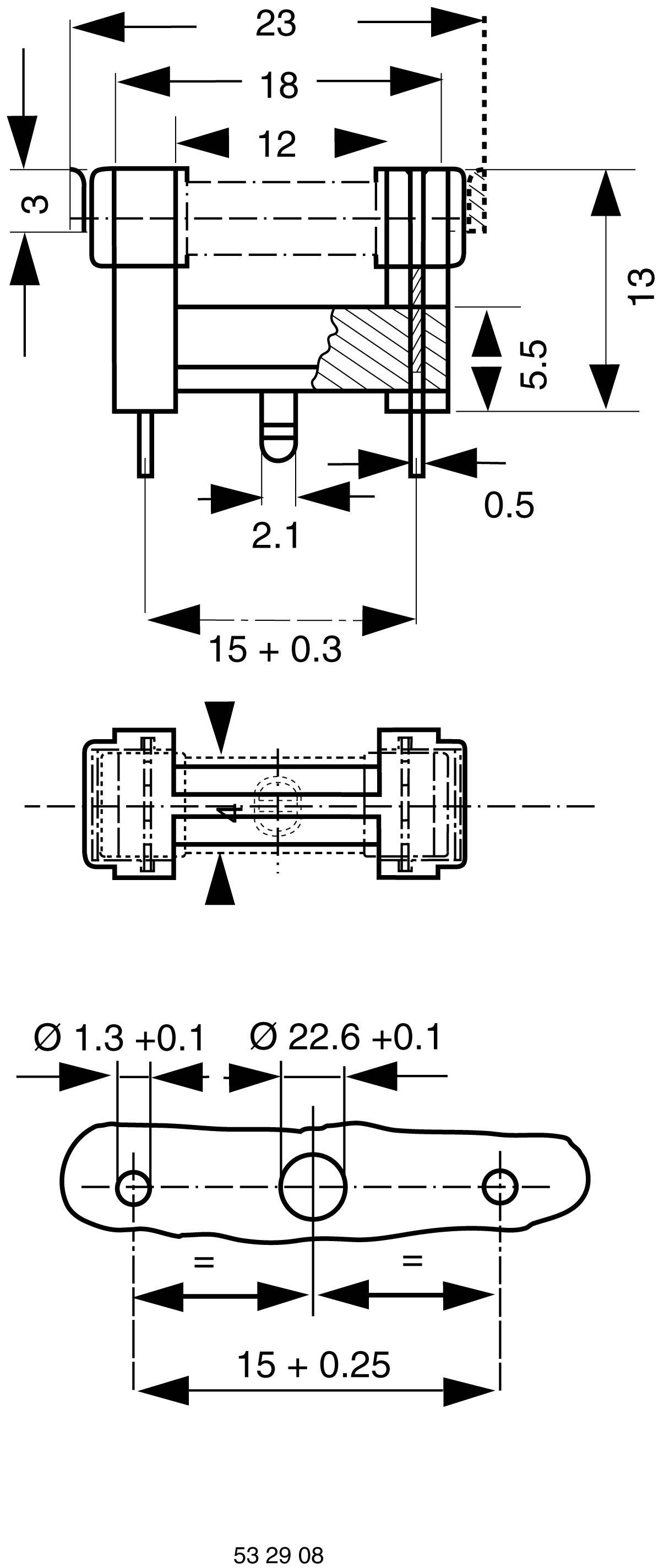 Technische Zeichnung einer mechanischen Komponente mit Bemaßungen in Millimetern. Zeigt Vorder-, Seiten- und Draufsicht mit Durchmessern und Abständen.