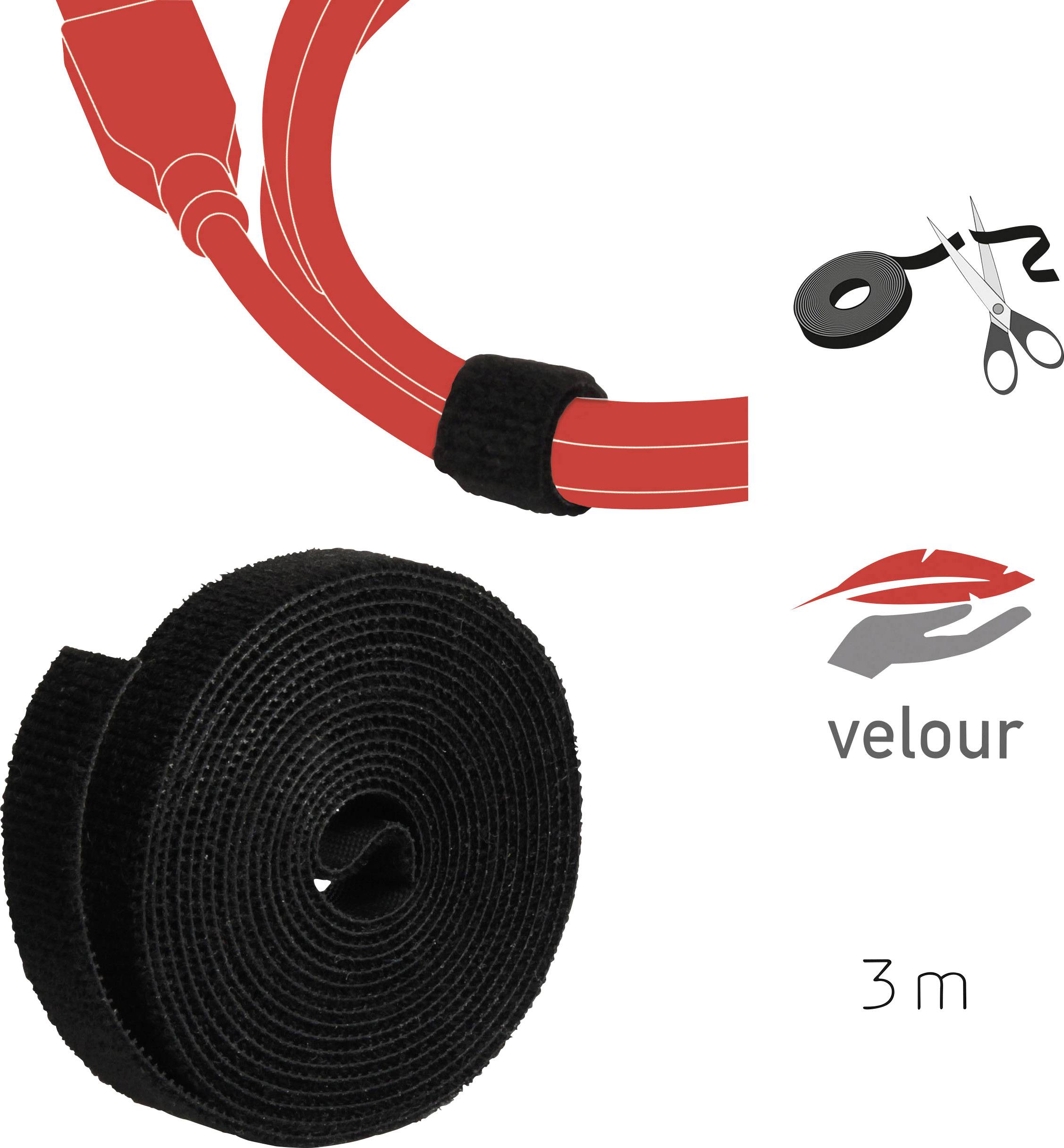 Schwarzer Klettband-Rolle aus Velours, eignet sich zum Bündeln von Kabeln. Abgebildet: Rolle, Anwendung an Kabel, Schere, Text '3 m'.