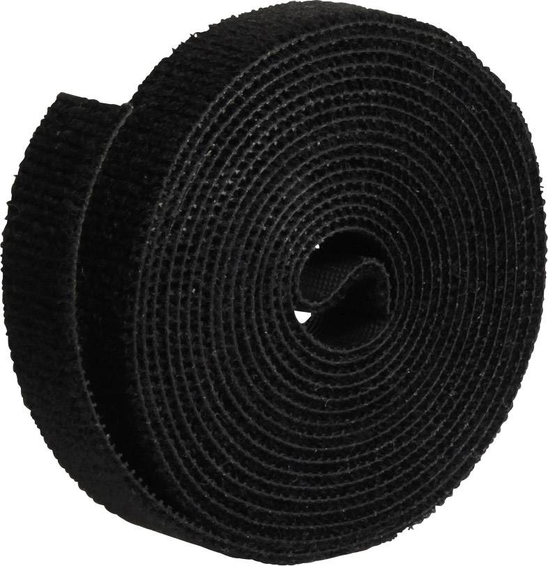 Eine Rolle aus schwarzem Klettband, das zur Befestigung oder Organisation von Kabeln und anderen Gegenständen verwendet wird.