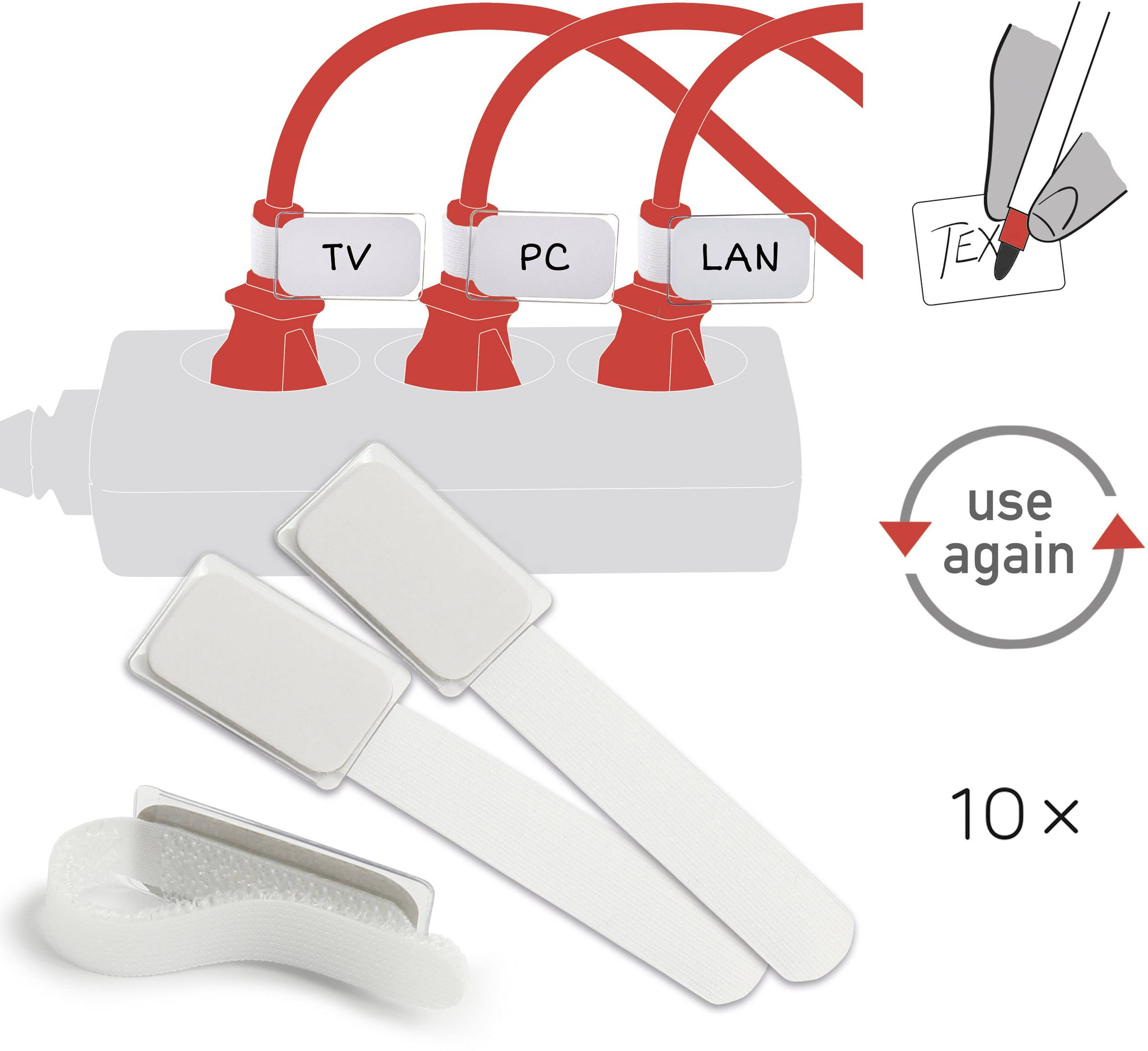 Drei rote Kabelstecker sind mit 'TV', 'PC' und 'LAN' beschriftet. Darunter befinden sich weiße Kabelbinder zur Mehrfachverwendung.
