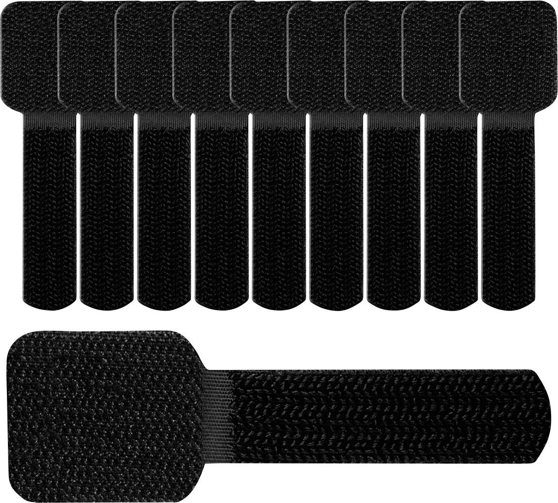 Zehn schwarze Klettverschlüsse, ordentlich angeordnet, die zur Kabelorganisation oder Bündelung verwendet werden können.