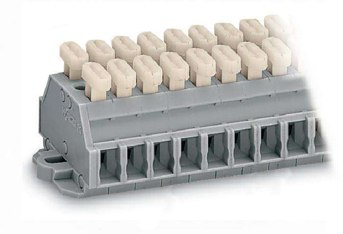 Graues elektrisches Steckverbindermodul mit mehreren weißen Anschlussklemmen in zwei Reihen. Geeignet für industrielle Anwendungen.