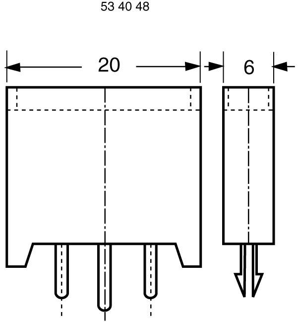 Diagramm einer elektrischen Komponente mit Abmessungen: Breite 20 mm, Projektionen 6 mm, Gesamtgröße 53x40x48.