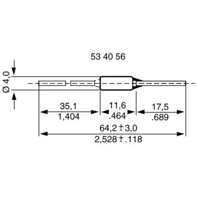 Technische Zeichnung eines zylindrischen Objekts mit Maßen. Gesamtlänge: 64,2 (+3,0) mm. Durchmesser: Ø 4,0 mm. Markierte Abschnitte: 35,1 mm, 11,6 mm, 17,5 mm.