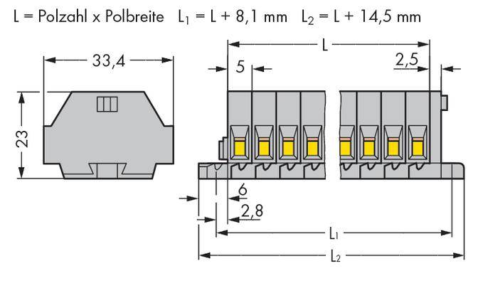Steckverbinder-Abmessungen: Breite 33,4 mm, Höhe 23 mm. L=Polzahl x Polbreite. L1 = L + 8,1 mm, L2 = L + 14,5 mm.