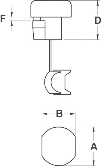 Technische Zeichnung eines Stellantriebs mit Maßangaben A, B, D und F an verschiedenen Bauteilen. Zeigt Front- und Seitenansicht.