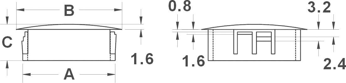 Technische Zeichnung eines Bauteils mit Maßen: Breite (B) 0,8 mm, Höhe 1,6 mm, Länge 3,2 mm, seitliche Ansicht und Unterseite gezeigt.