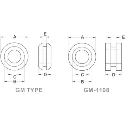 Technische Zeichnung von zwei verschiedenen Lagerbuchsen, GM TYPE und GM-1108, mit markierten Maßen A, B, C, D, E.