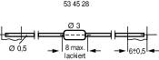 Diagramm eines Bauteils mit Maßen: Länge 53, Breite 6 mm, Dicke 3 mm. Bereiche markiert: Ø 0,5 mm und Ø 3 mm. Text: '8 max. lackiert'.