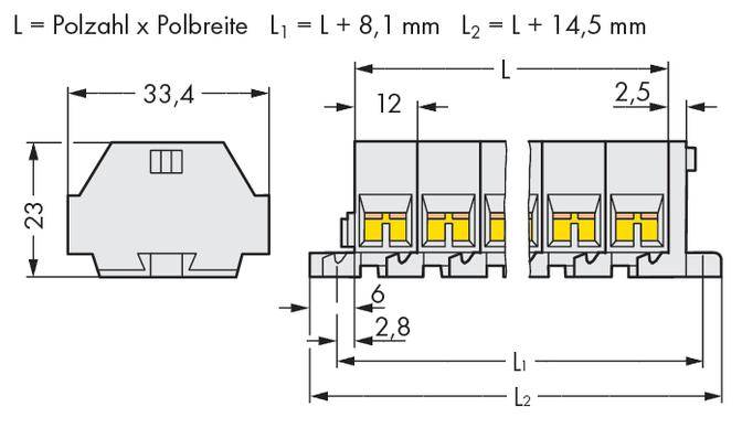 Steckverbinderdiagramm: Breite 33,4 mm, Höhe 23 mm. Maße: L1 = L + 8,1 mm, L2 = L + 14,5 mm, Polbreite x Polzahl.